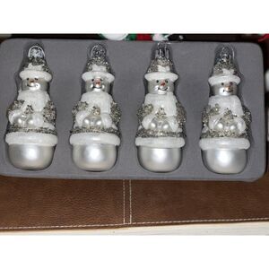 Valerie‎ Parr Hill 4 Hand Blown Glass Snowmen Ornaments Silver White 4.5" New